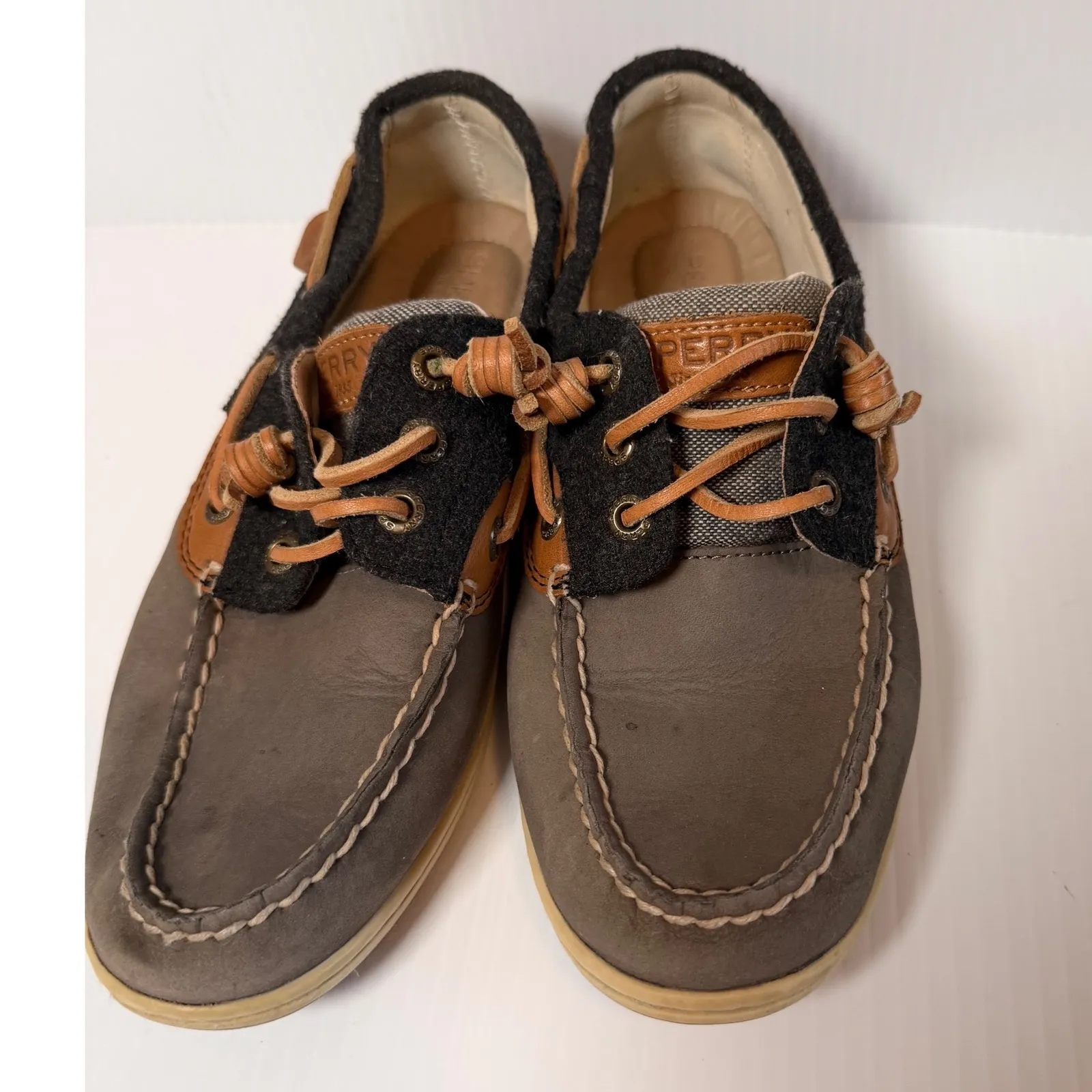 Sperry Women's Boat Shoes Grey Tan Leather Fabric Lace Up Size 7M - Image 2