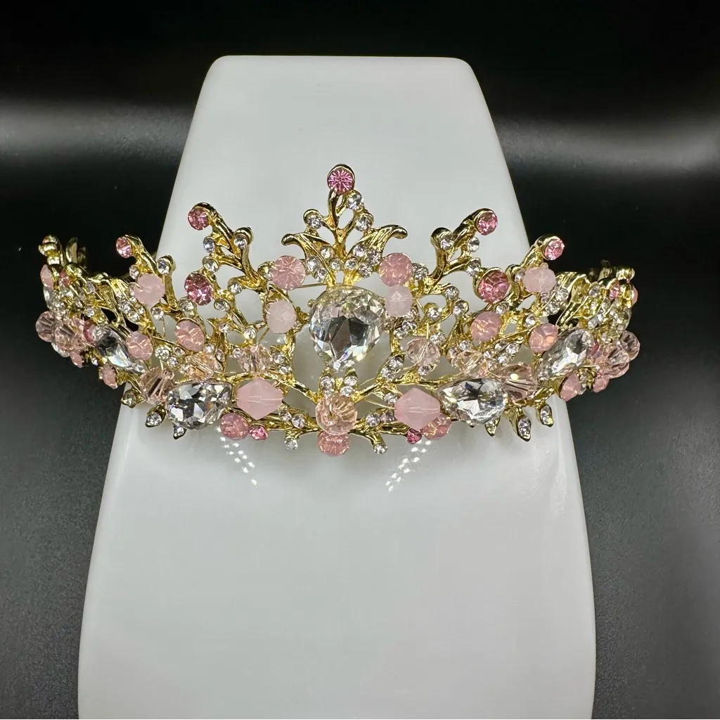 Elegant Gold and Pink Tiara and Earring Set - Image 3