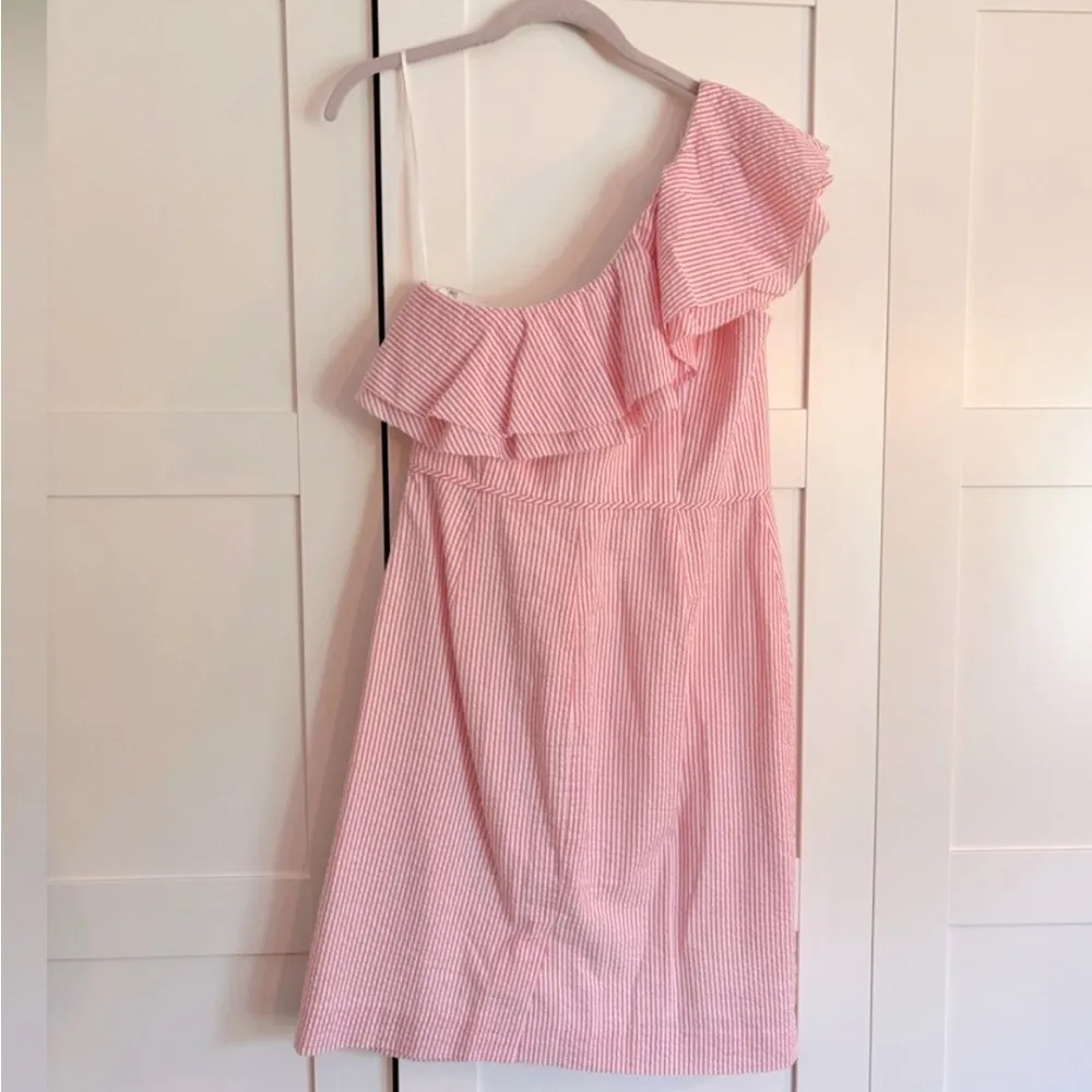 J. Crew, pink and white striped, one shoulder, seersucker dress, size 6 - Image 3