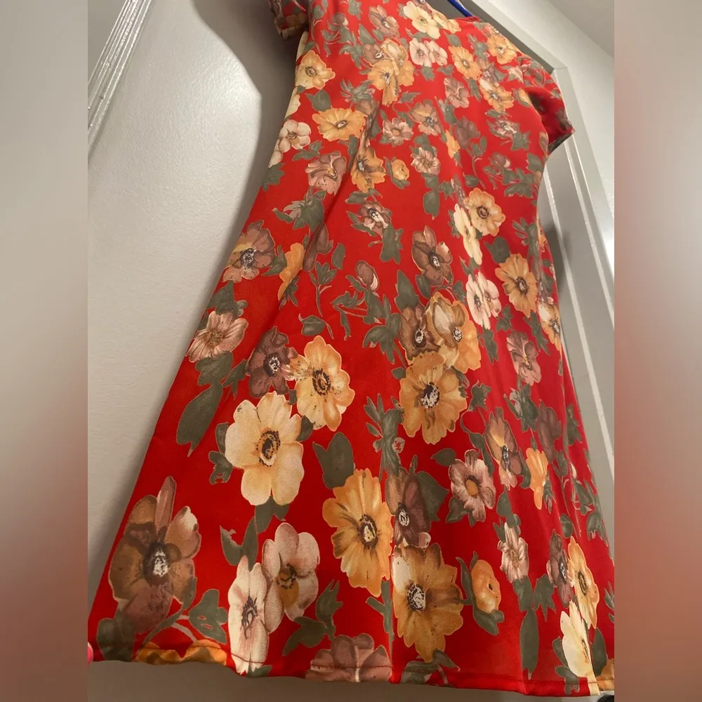 VTG '80s '90s Fairycore Jeffrey & Dara Red Floral Short Sleeve Midi Dress Size 14 - Image 12