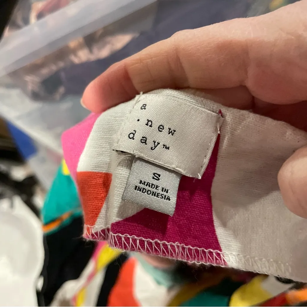 Cute colorful rainbow linen blend mini dress swingy shapes skinny straps - Image 5