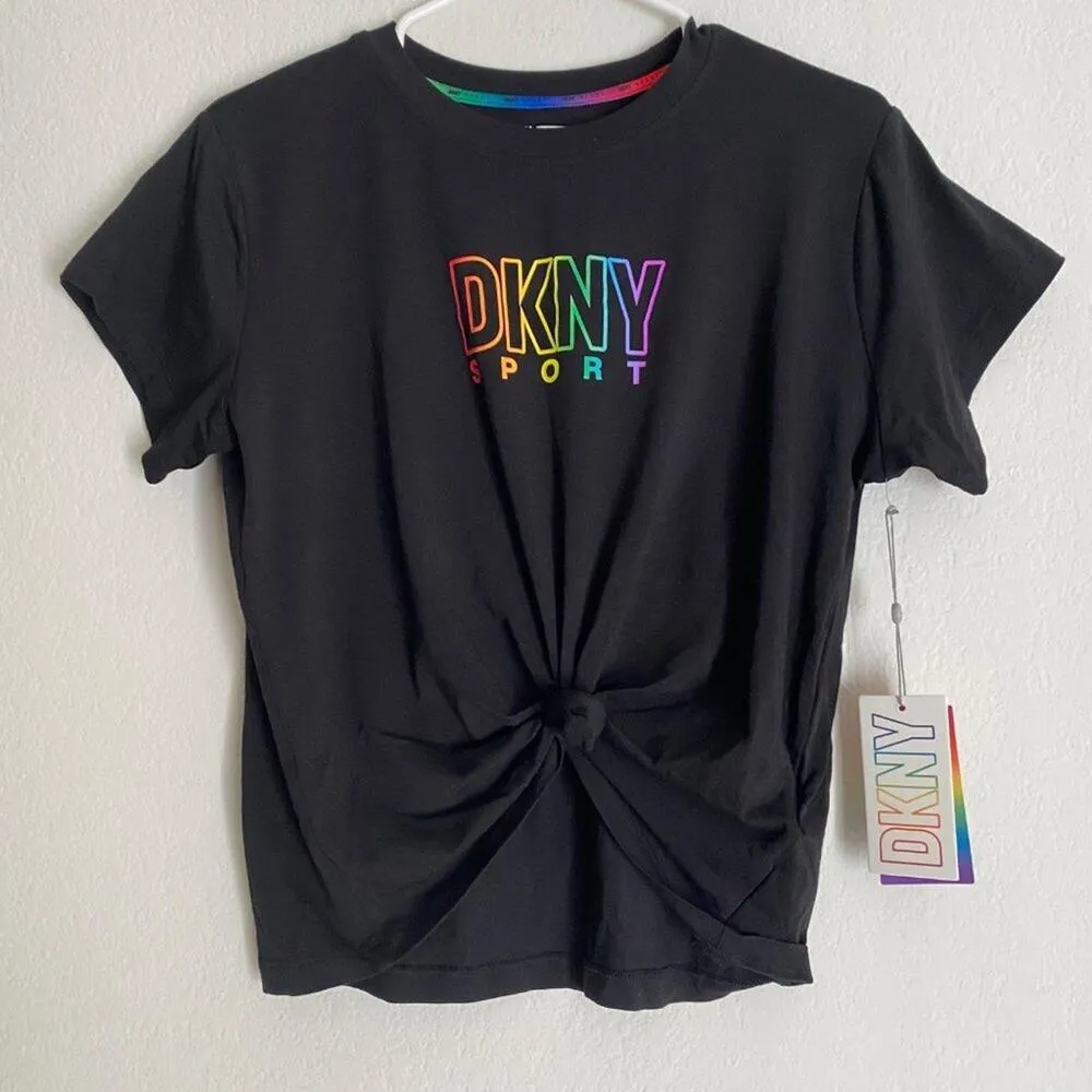 DKNY sz VARIOUS SIZES Women's Pride Logo‎ Knot Front T-shirt In Black - Image 3