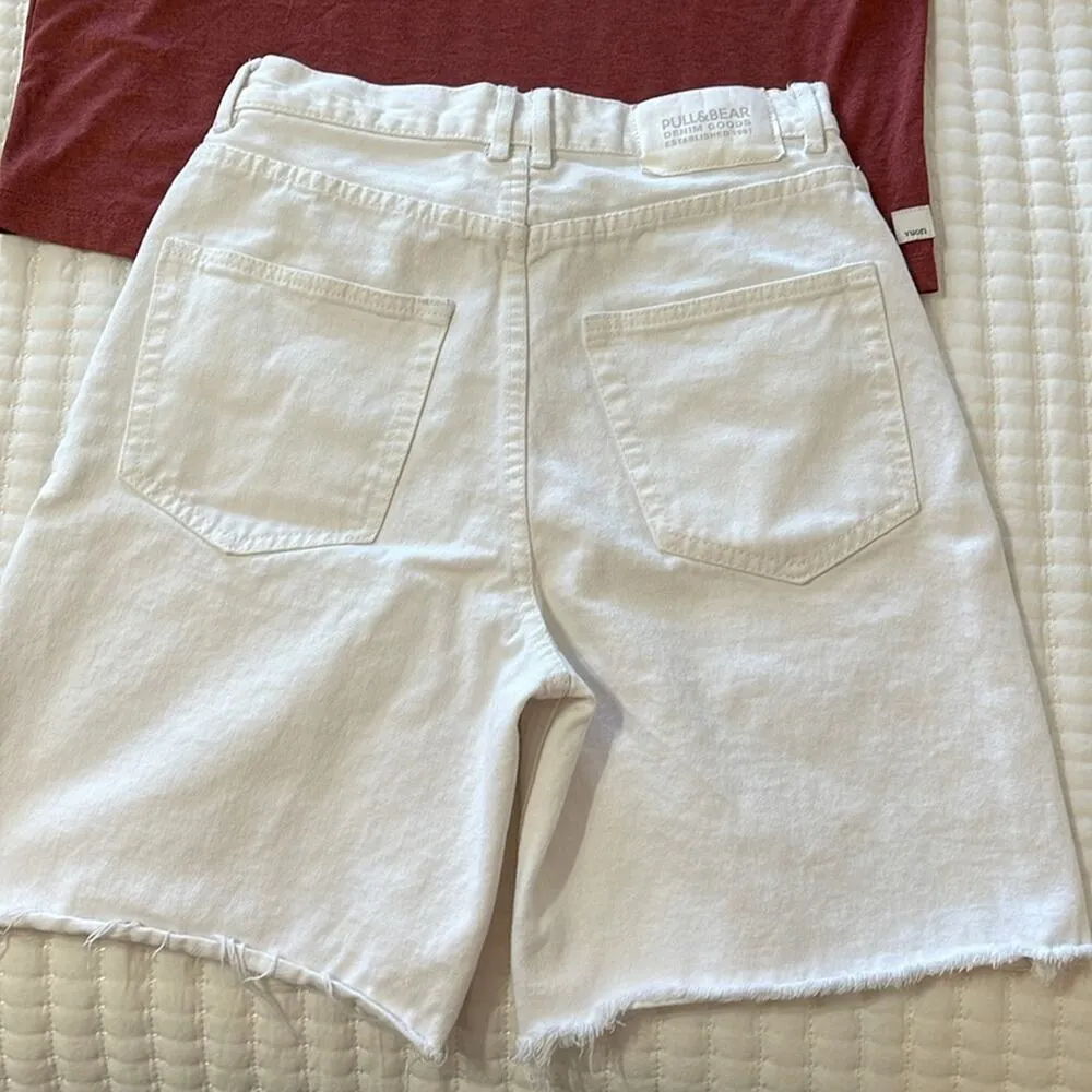 Pull & Bear White Long Length Cutoff Jean Shorts 6" Inseam Size 2 - Image 2