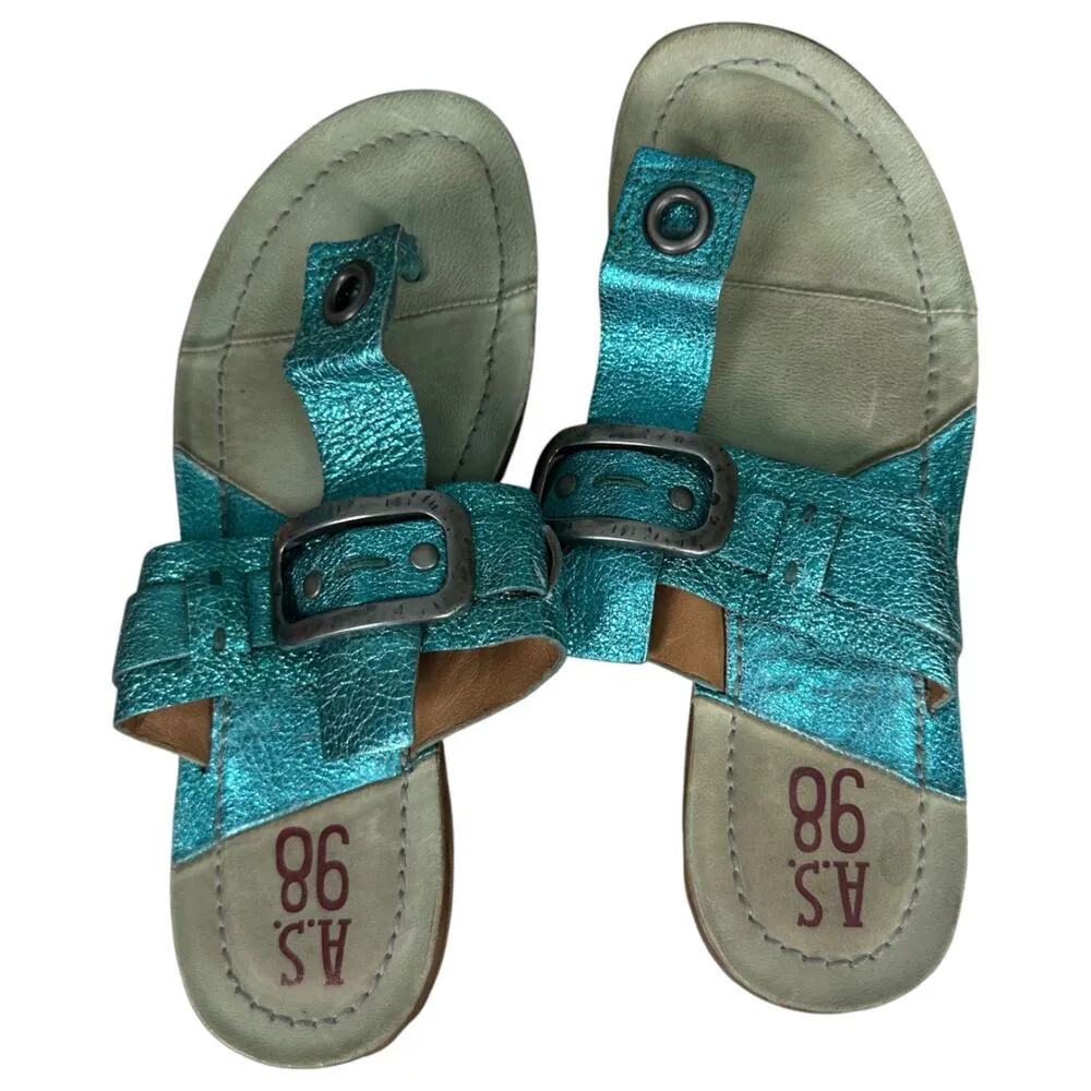A.S. 98 Teal Blue Leather Embossed Silver Flip Flop Thong Sandals EU 38 US 7.5 - Image 8