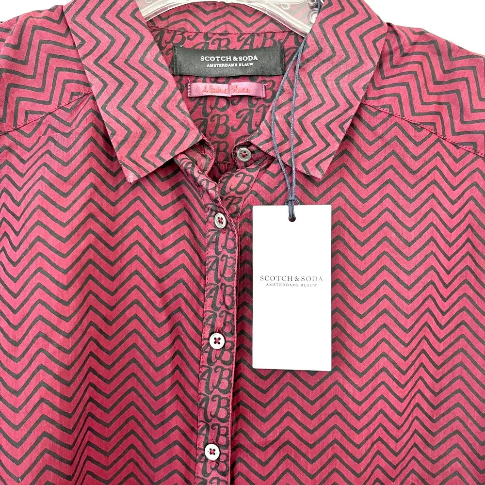 NWT Scotch & Soda Long Sleeve Button Up Semi Sheer Shirt Burgundy Black Small - Image 2