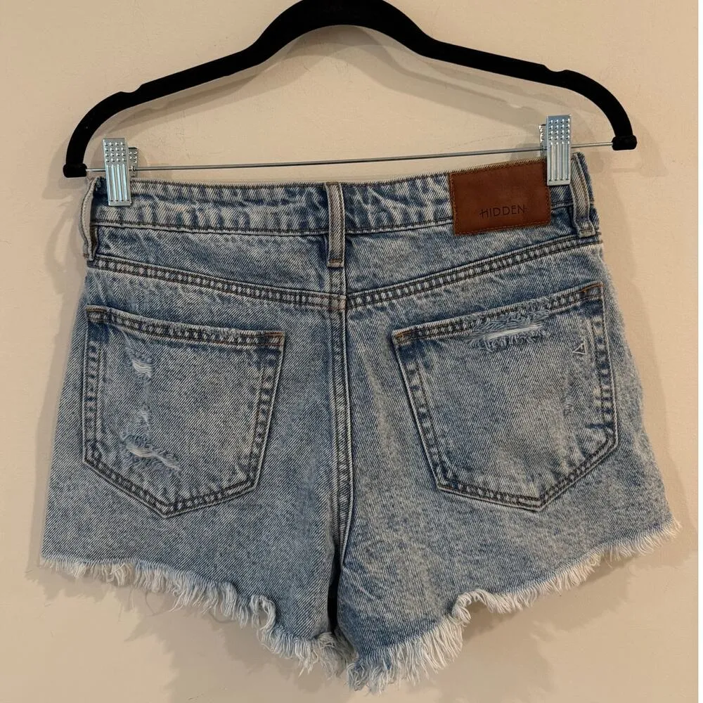 Hidden Mid Rise Frayed Hem Mom Shorts Jeans Light Denim Blue Women's Size Small - Image 3