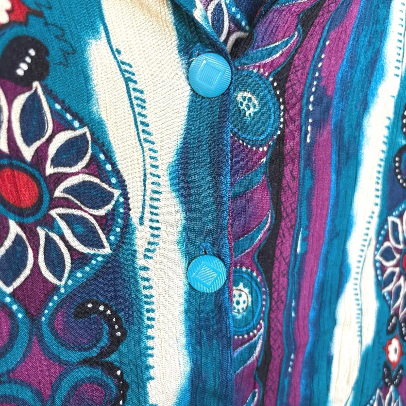 Vintage Teal Psychedelic Hippie Shirt Button Down Boho Beach Granola Medium Blue - Image 6