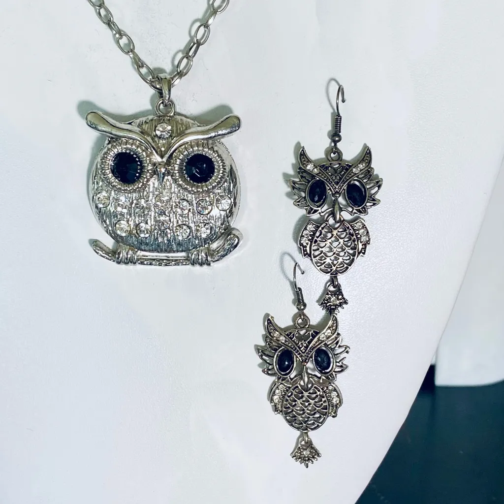 NEW Cute vintage Owl necklace and earrings gift set Silver - Image 3