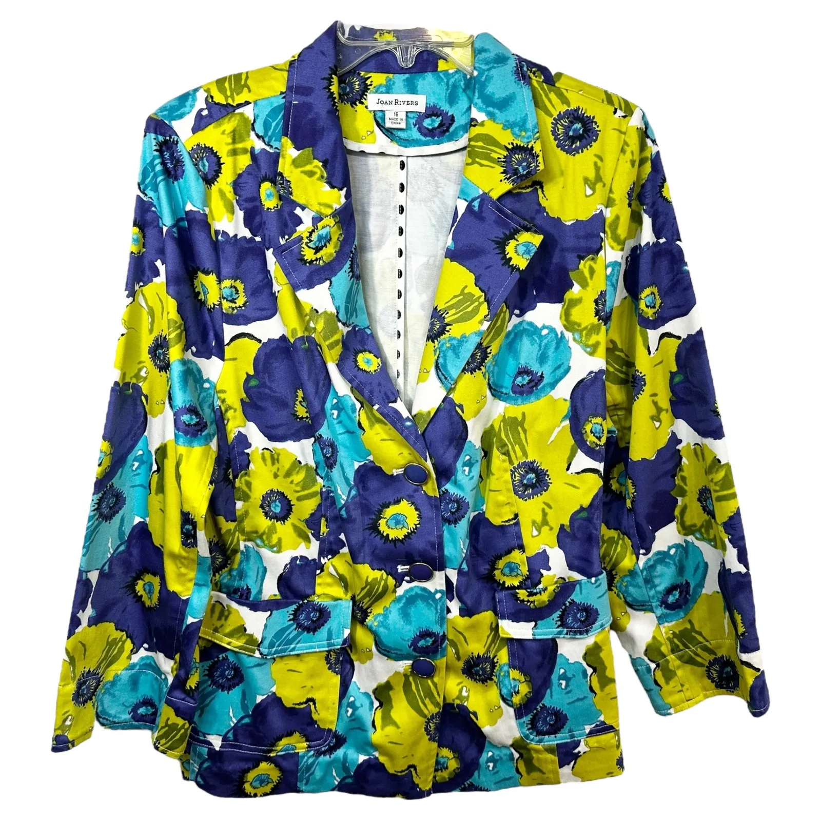 Joan Rivers Size 16 Blazer Floral Jacket Button Front Cotton Blue Green 950‎ - Image 2
