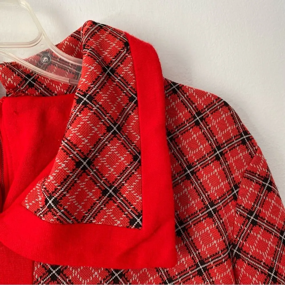 Vintage 1970s Red Plaid Butterfly Collar Dress Made USA Union Label Union Large - Image 2