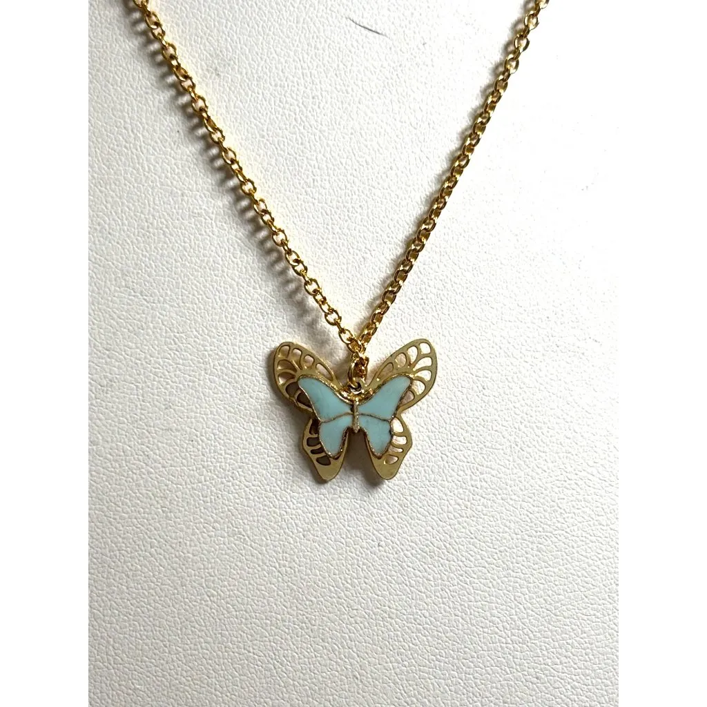 Gold Butterfly Pendant Necklace With Blue Enamel Wings & Adjustable Chain - Image 8