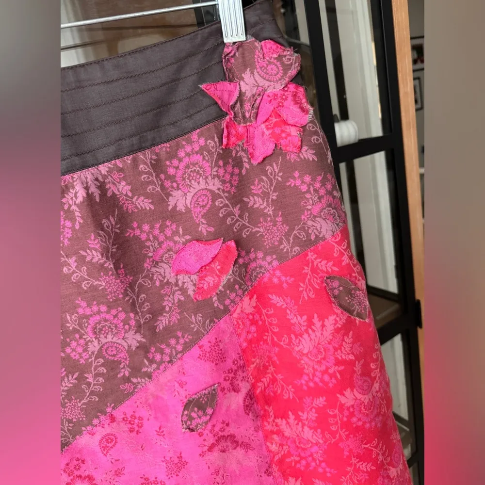 Vintage Y2K Oilily Patchwork Skirt midi Floral Boho Appliqué deadstock print Pink Size M - Image 3