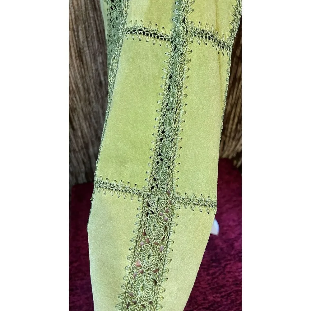Women’s VTG Leather & Crochet Patchwork Cardigan Sweater Green Size M - Image 10