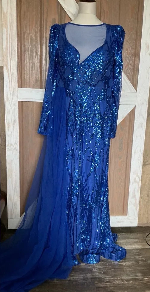 Faeriety blue sequined evening gown with a sheer train Size 3X - Image 2