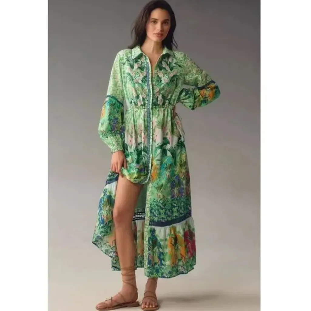Anthropologie Long-Sleeve Printed Maxi Shirt Dress Jungle Print - Image 6