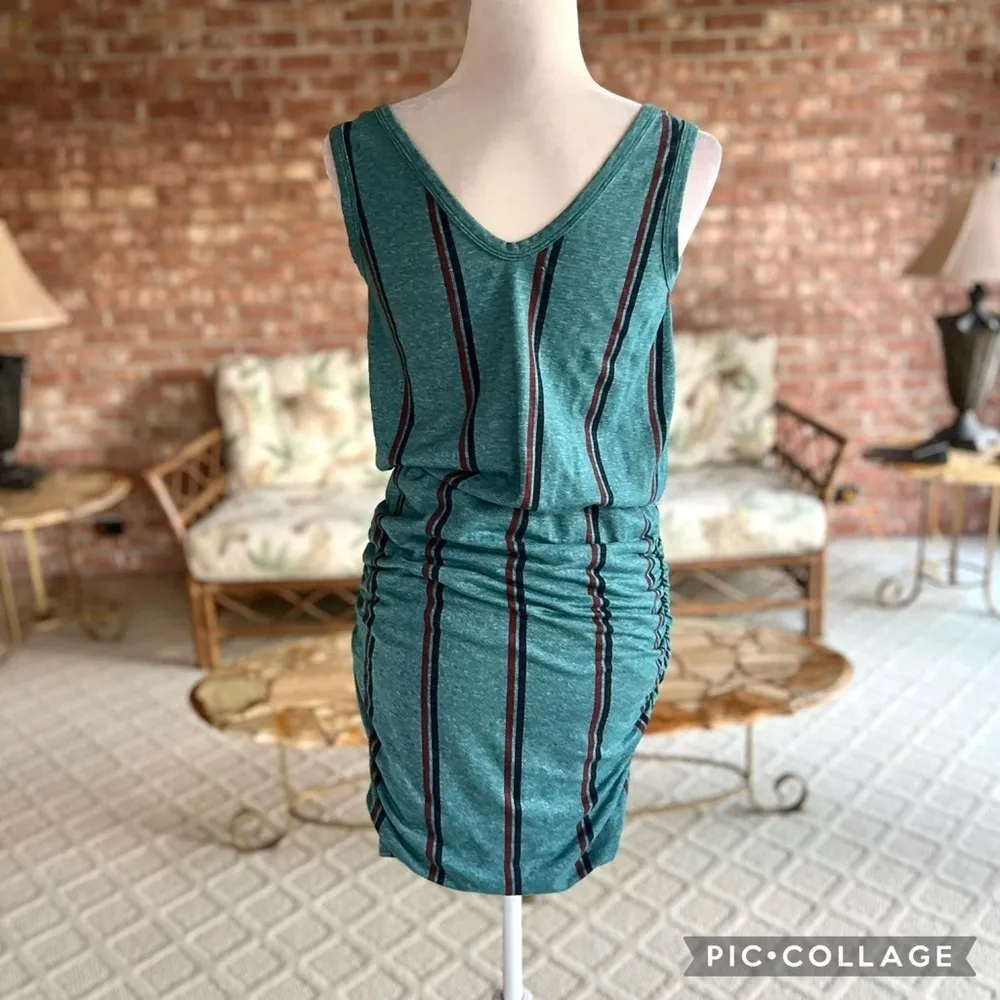 Sundry Dress Ruched Bodycon Teal Striped Mini Knit Sleeveless S Casual V-Neck - Image 9