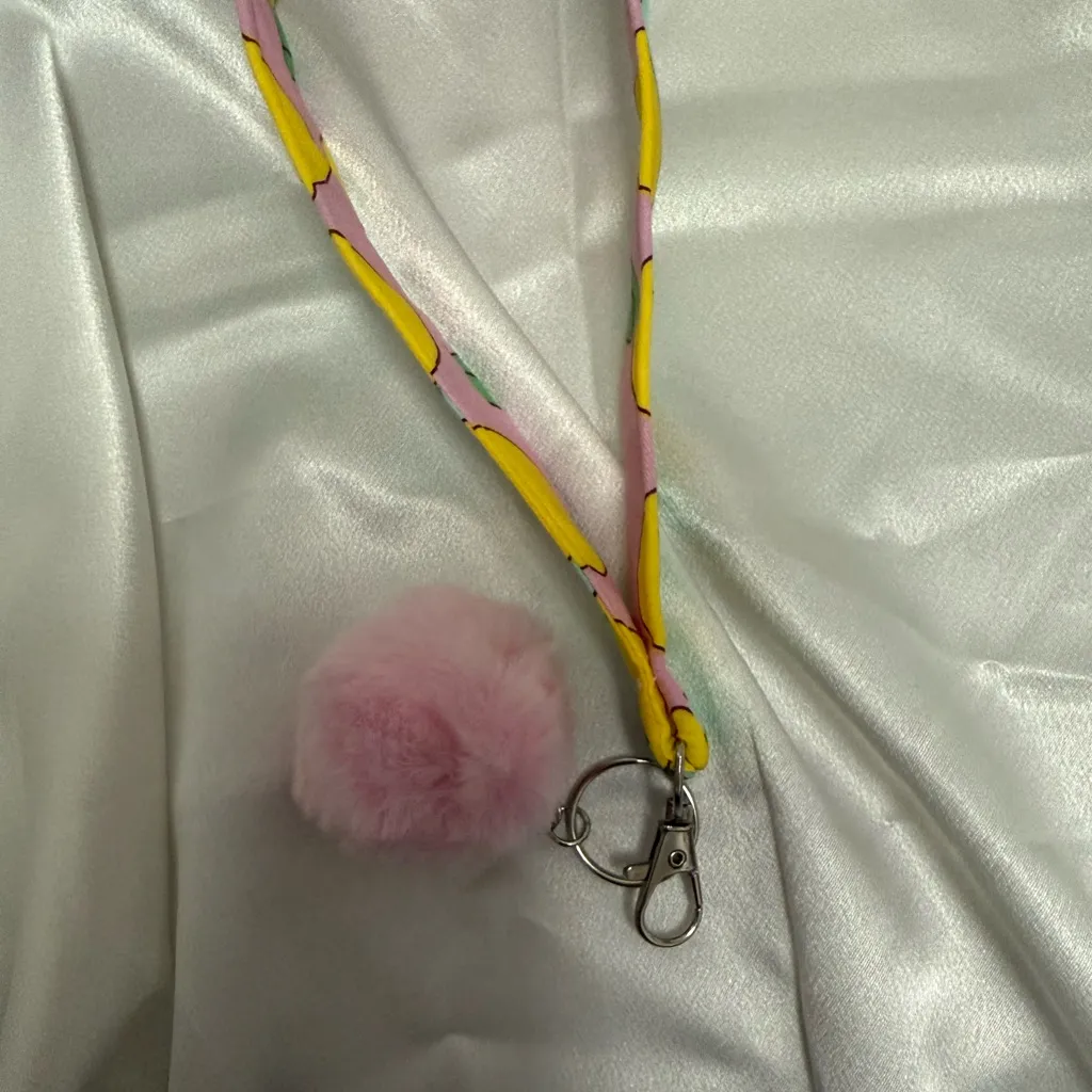 Handmade Colorful Lemon Wristlet Keychain with Light Pink Pompom - Image 5