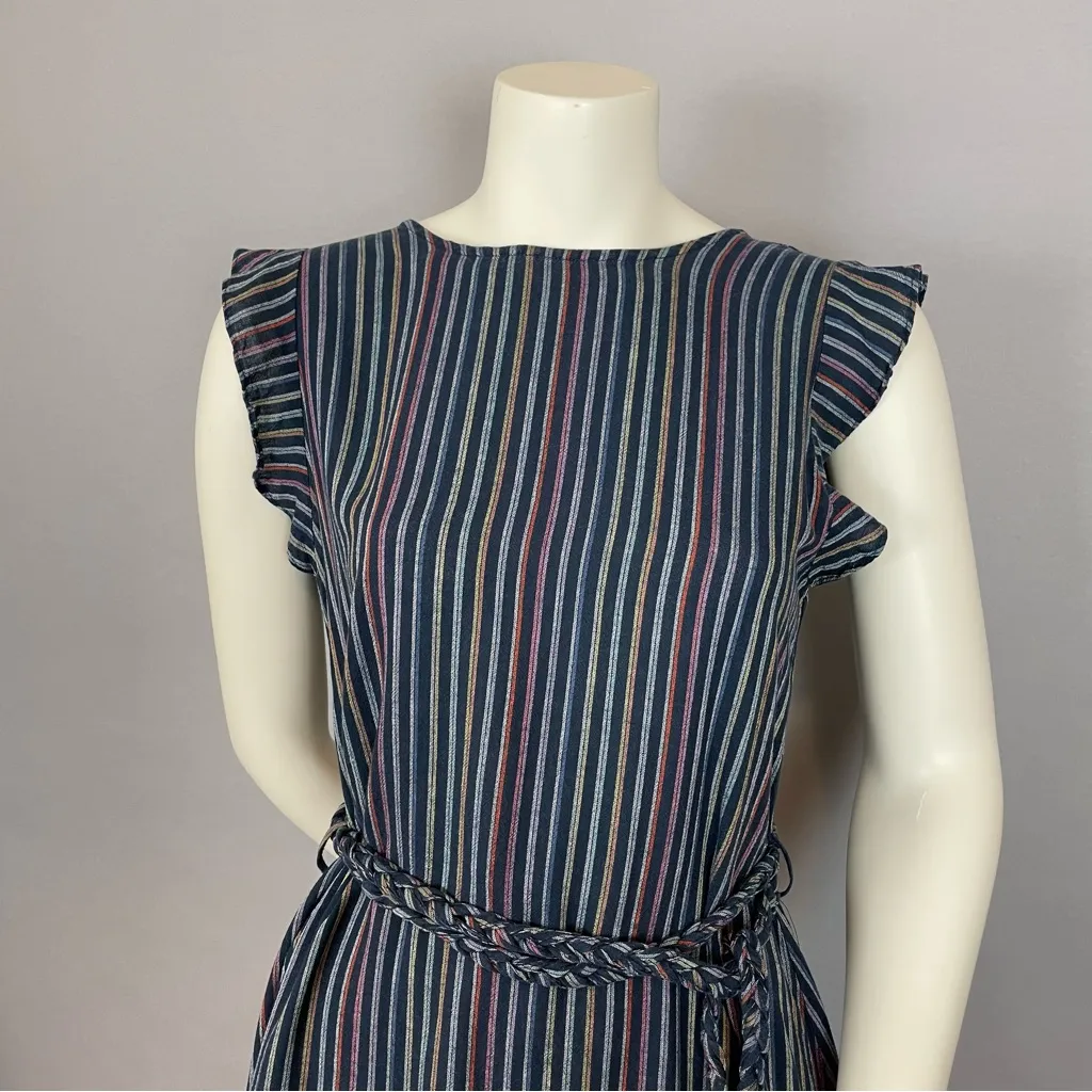 Marine Layer Dress Laney Linen Mini Navy Rainbow Stripe Size Small Braided Belt - Image 6