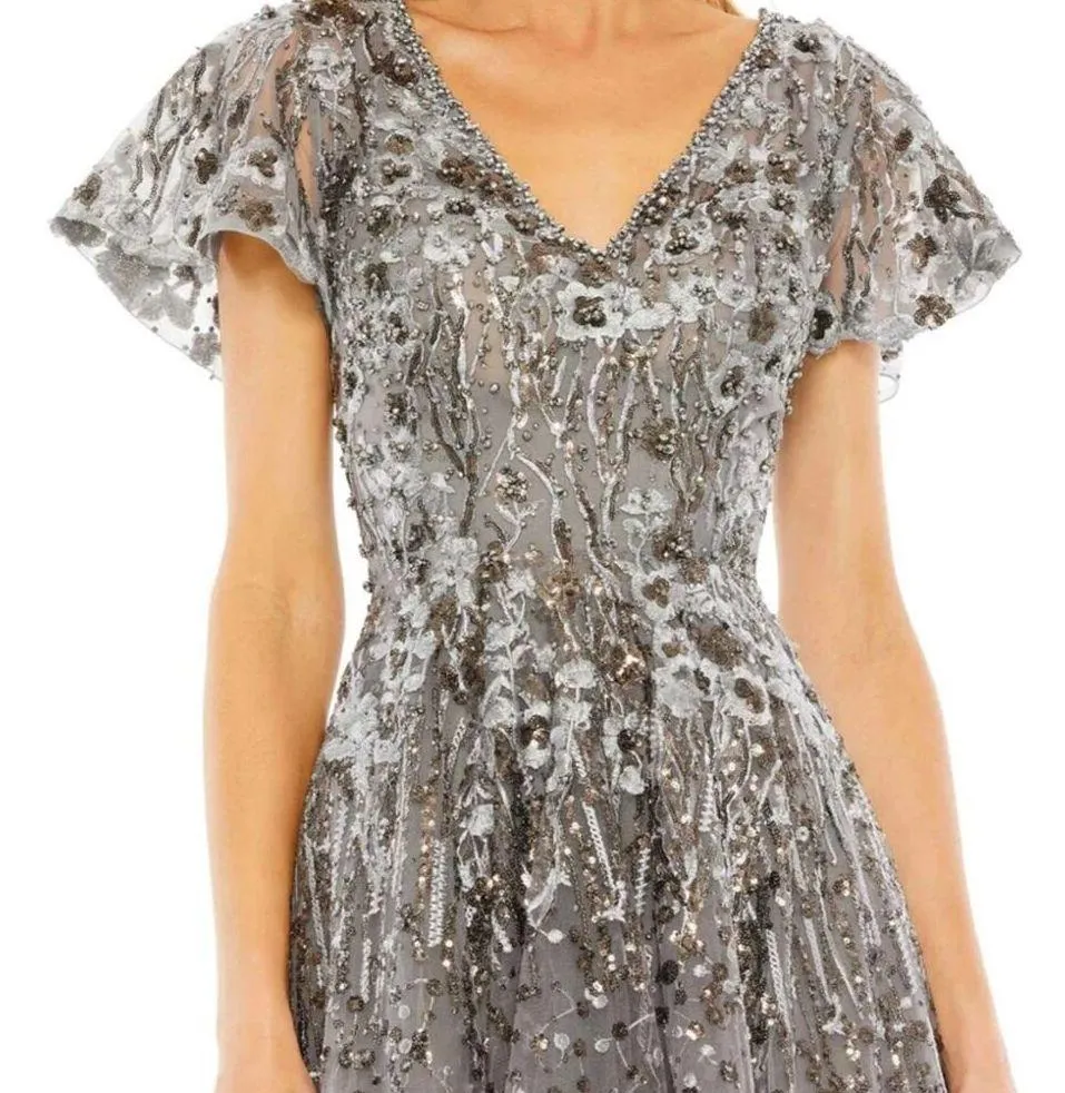 Mac Duggal Embellished Butterfly Fit & Flare Tea-Length Dress Gunmetal Sz 8 - Image 6