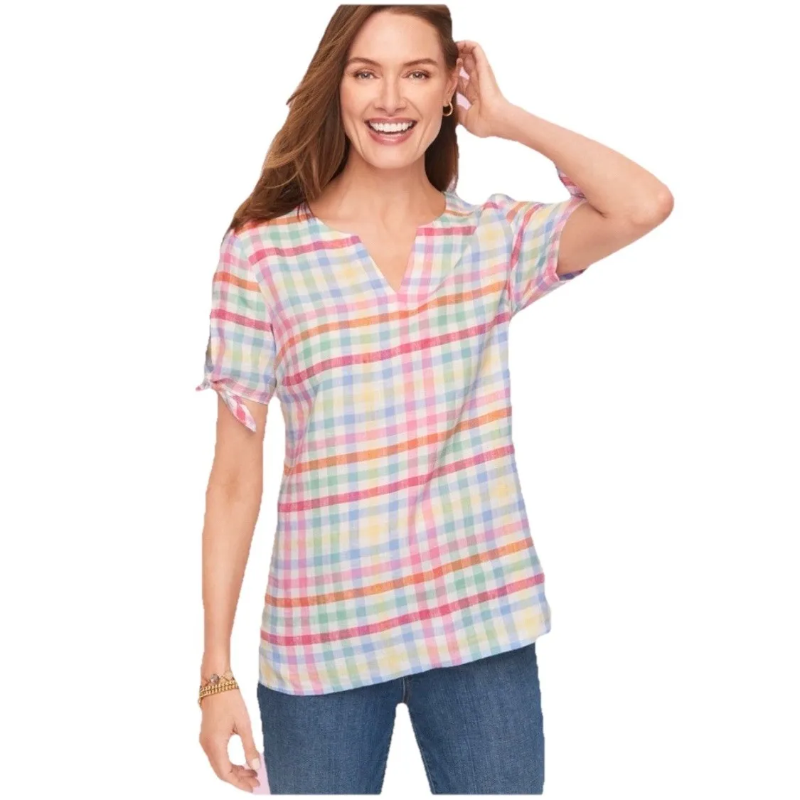 Talbots‎ Women's Linen Top Split Neck Pastel Plaid Casual Sleeve Tie Detail Sz M - Image 2