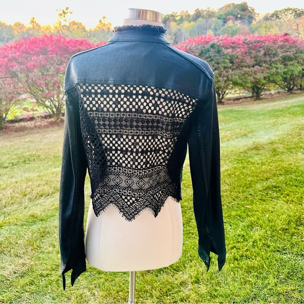 🌹HP🌹 ELIE TAHARI Black Waxed Denim Jacket with Lace Back - Image 5