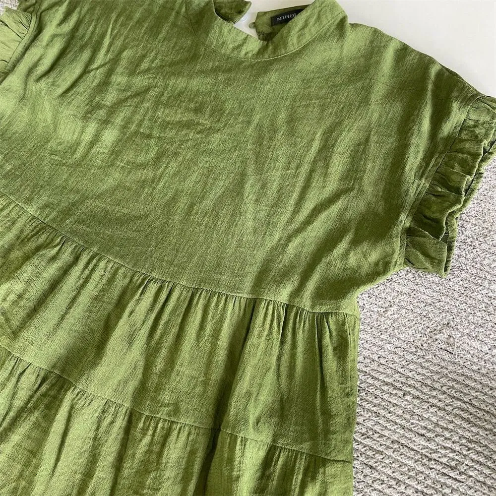 MIHOLL Green Tiered Mini Dress Size Small Knee Length Casual Short Sleeve - Image 8