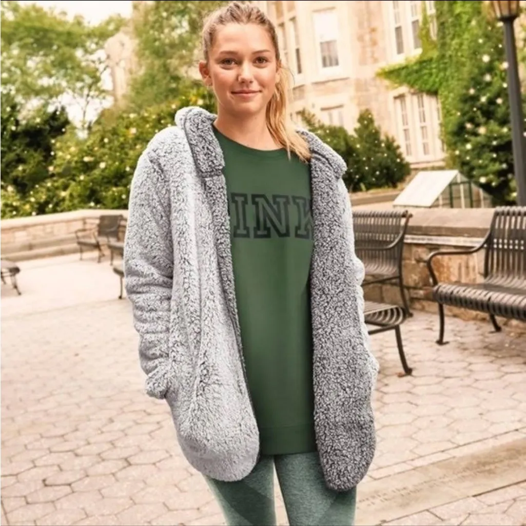 VS PINK Cozy Sherpa Open Hooded Cardigan Gray Size M/L - Image 7