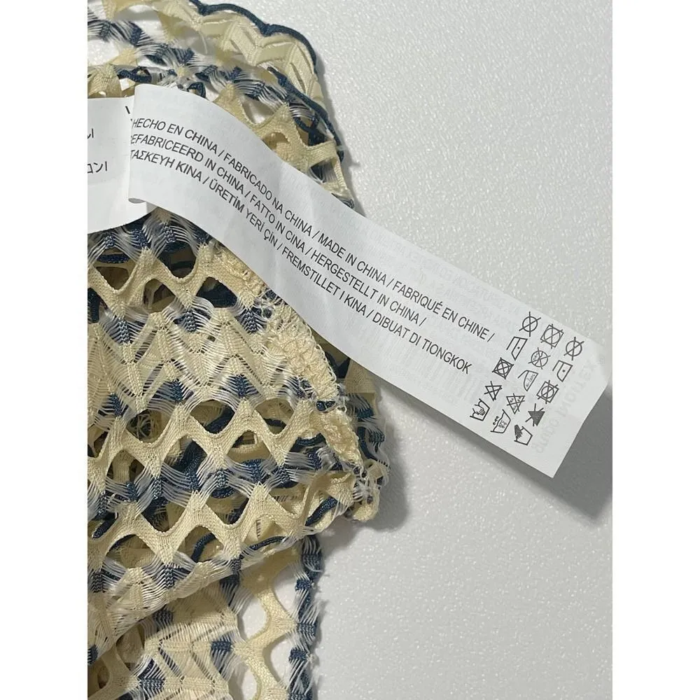 Zara W/B Dress Mesh Sheer Open Knit Unlined Ruffle Short Sleeve Cream Blue Small - Image 9