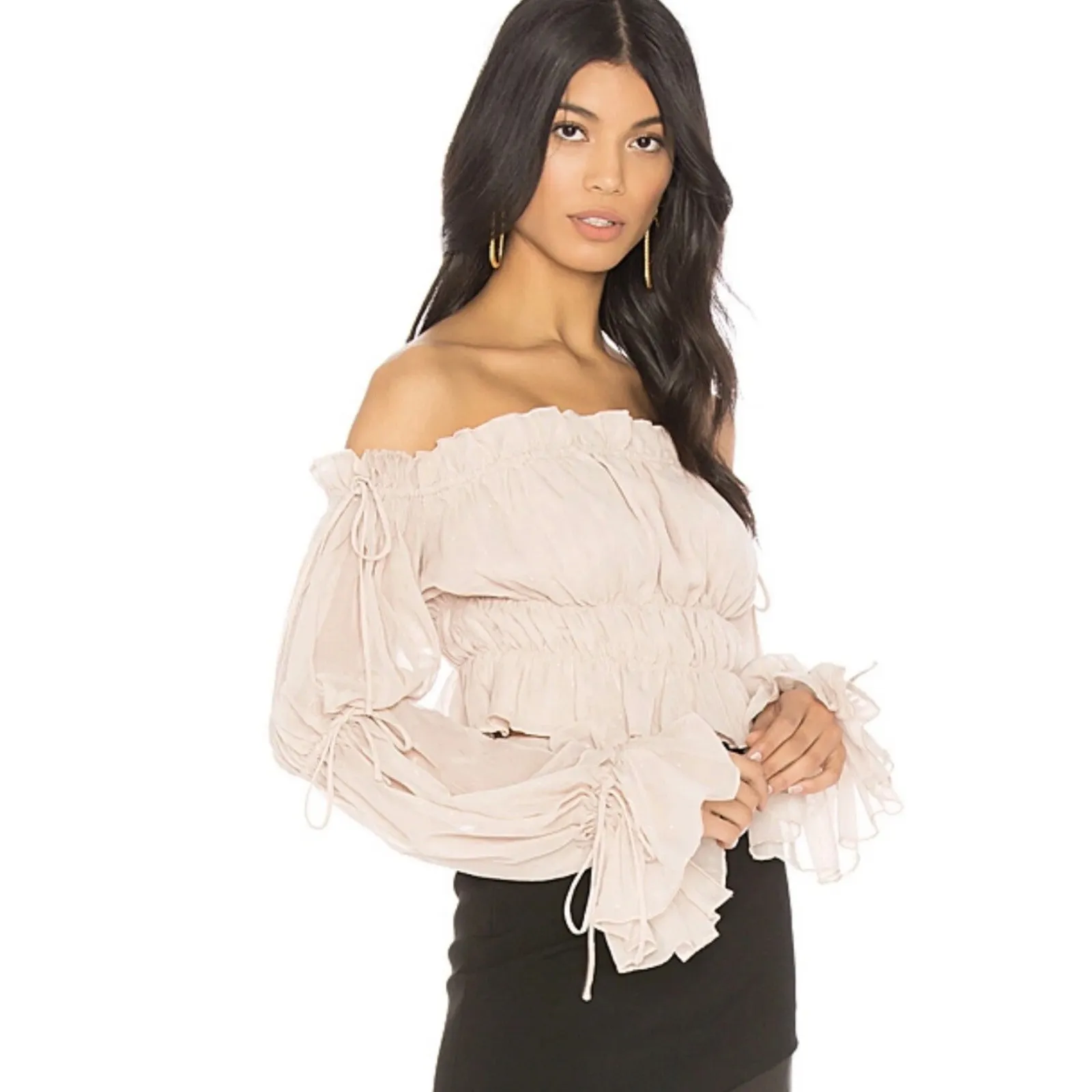 Revolve x Chrissy Teigen Sands Off Shoulder Top Medium Beige Boho Chic Feminine - Image 11
