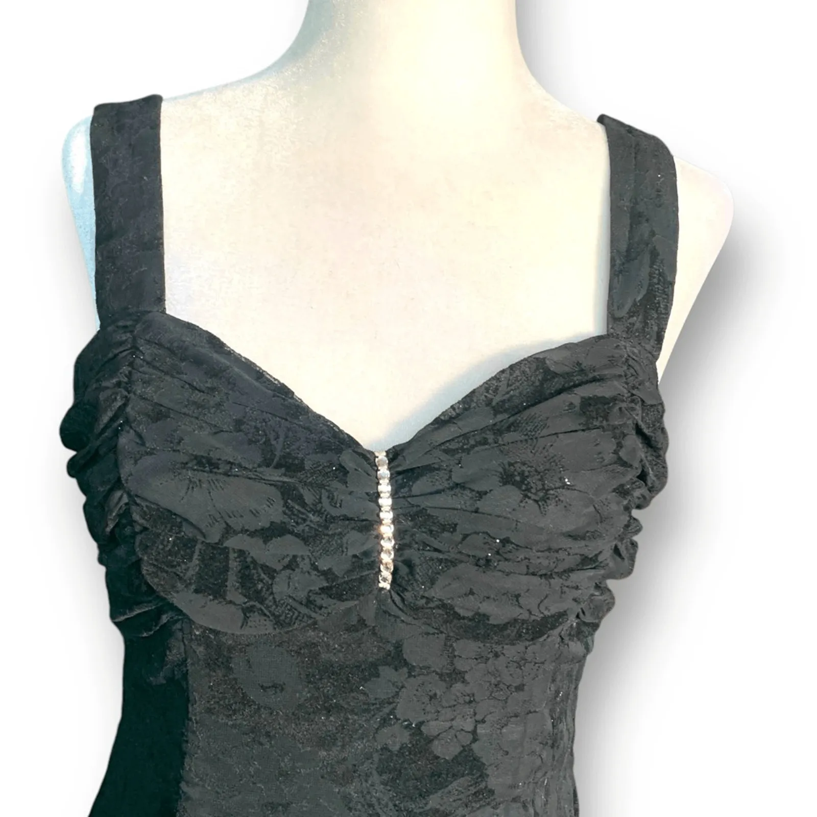 Vintage 90s Zum Zum Black Flocked Floral Fit & Flare Mini Dress Open Back Small - Image 4