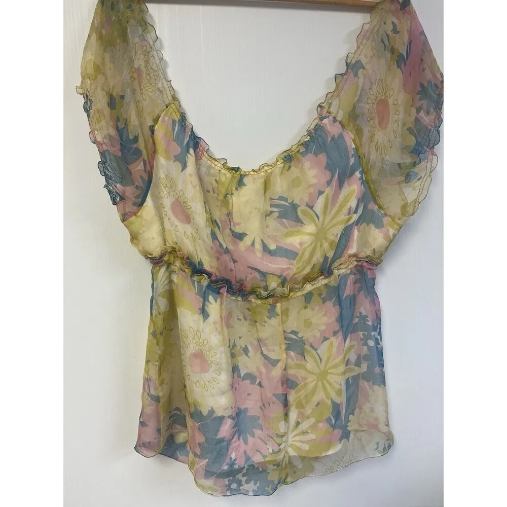 MAX STUDIO Floral SILK PEASANT BOHO FLUTTER SLEEVE TOP BLOUSE Beaded Cottagecore - Image 2