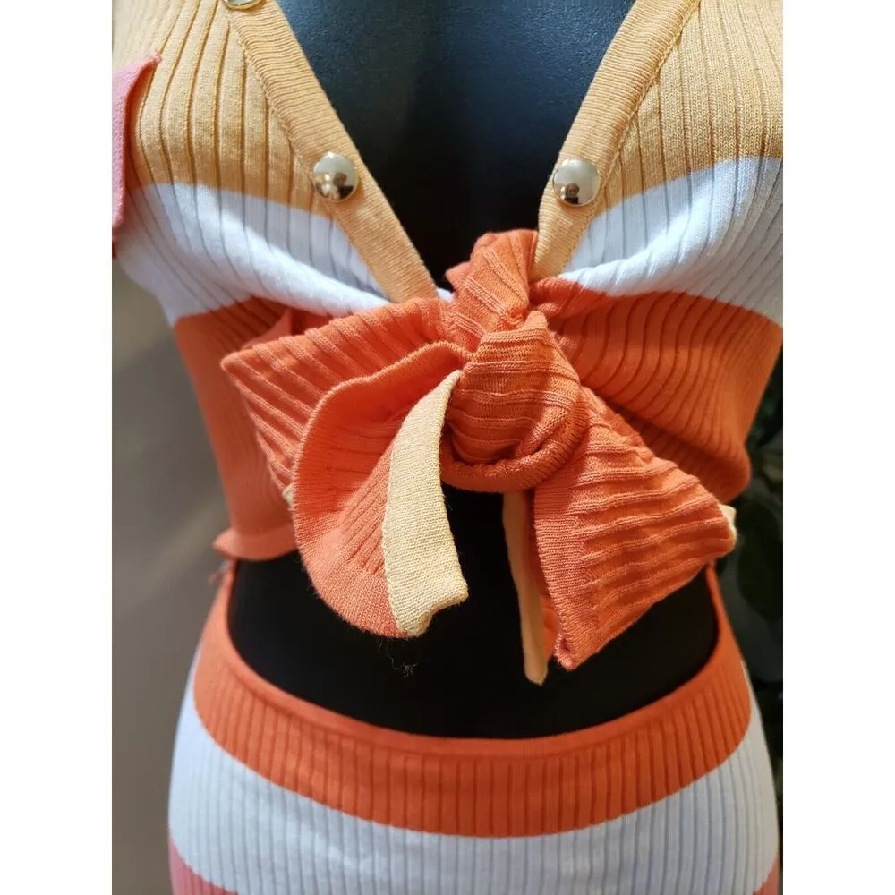 Hera Collection Women Multi Striped Tie Front Cutout Waist Knee Length Dress L - Image 4