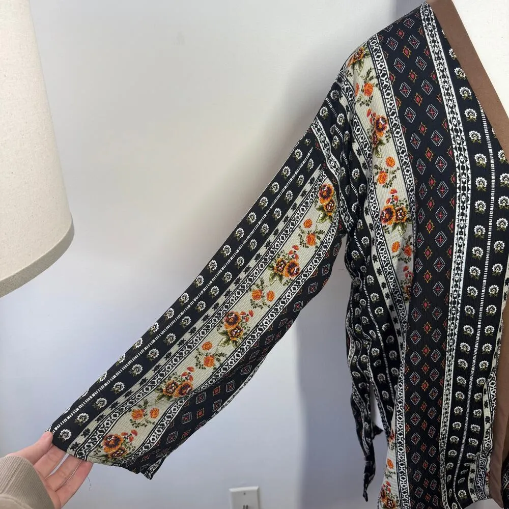 Altered State Kimono Women Size S Black Brown Long Sleeve Boho Western Floral - Image 3