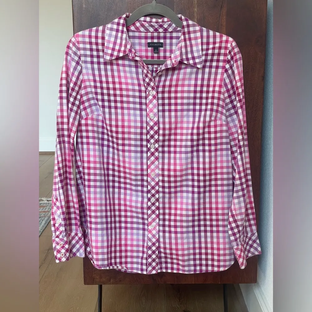 Talbots Pink Purple and White Checkered Button Down Shirt size small - Image 7