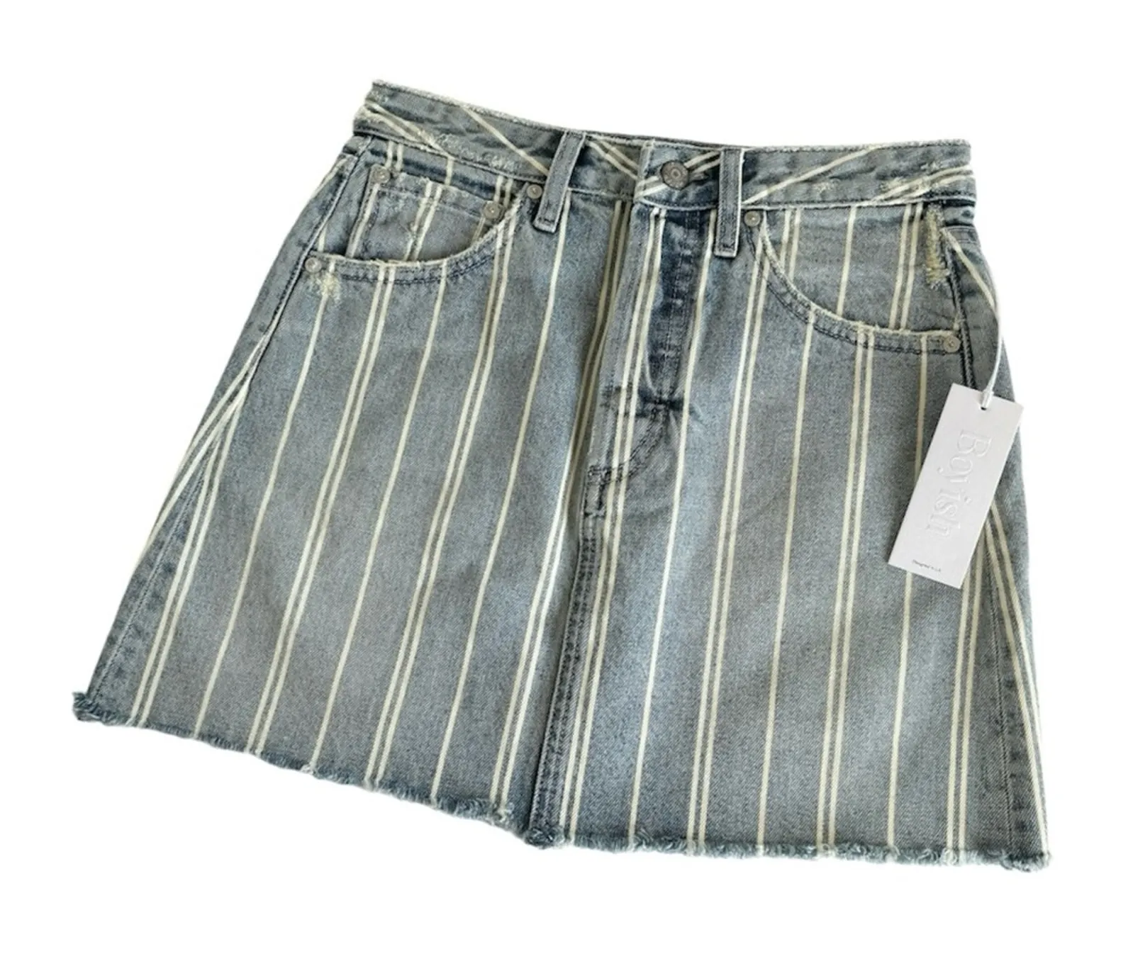 Revolve Boyish Corey Striped Raw Hemline Casual Cotton Denim Mini Skirt Size 25 - Image 1