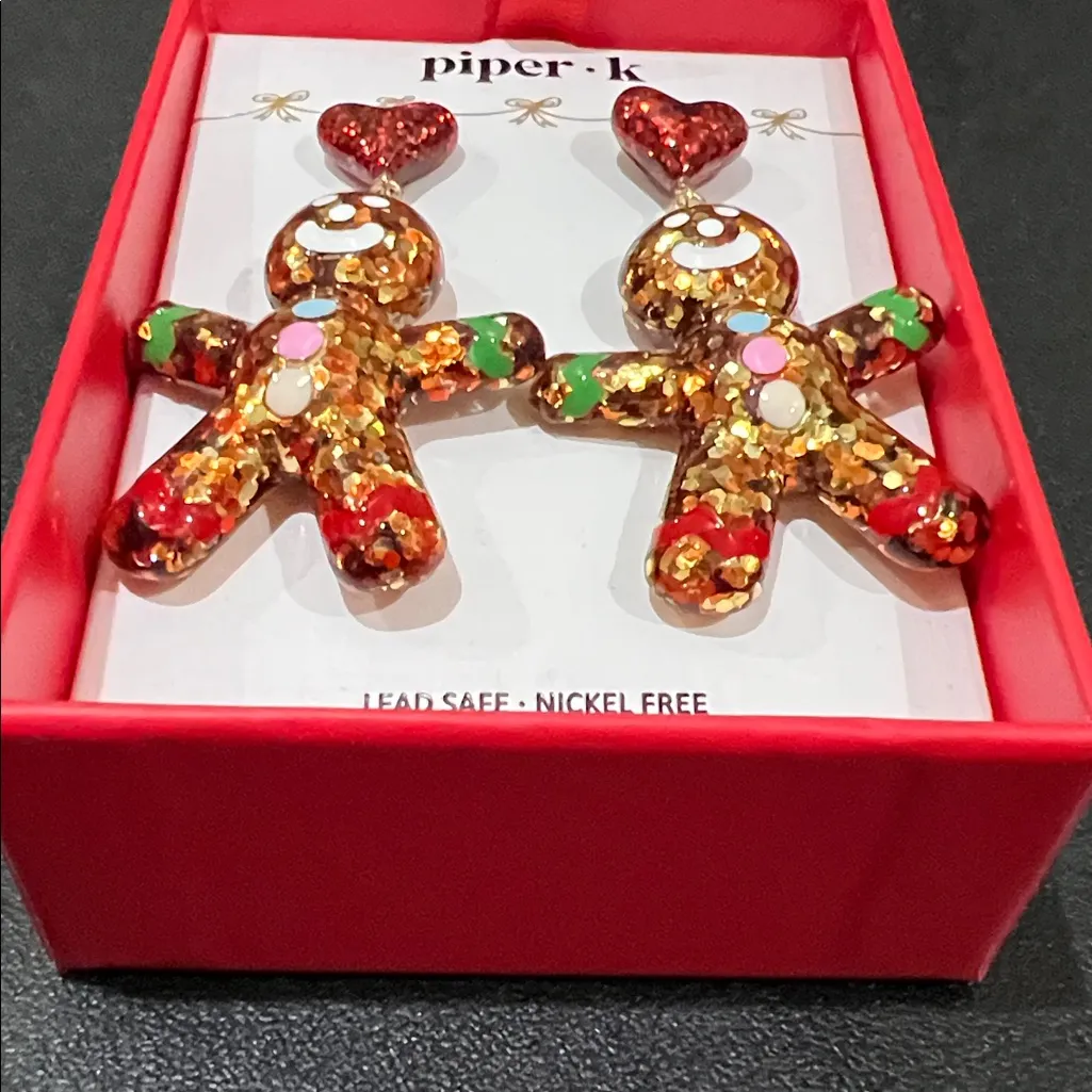 Piper K | Whimsical Glittery Gingerbread Christmas Earrings Red - Image 4