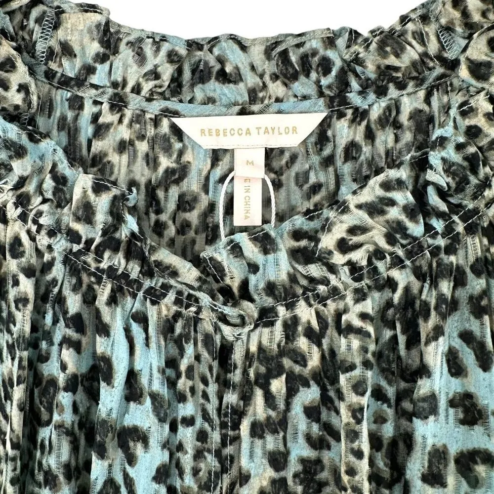 NEW Rebecca Taylor Blue Lynx Silk Burnout Dress Smocked Waist Leopard Size M - Image 5