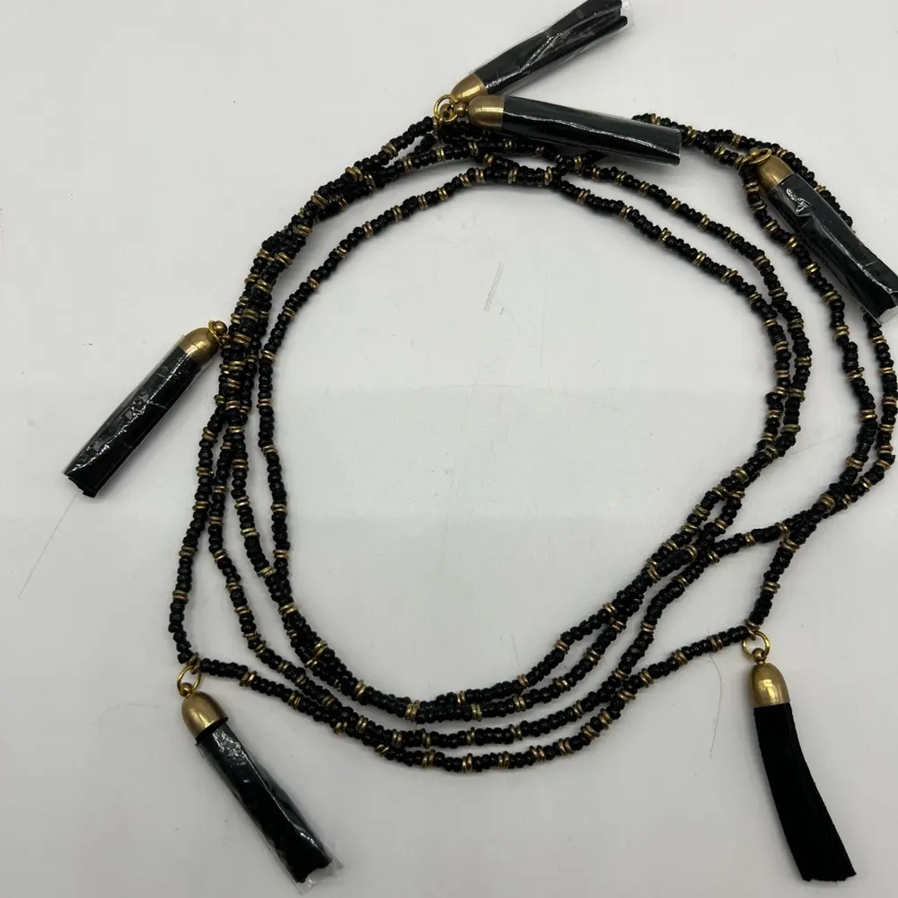 NEW black and gold beaded lariat necklace with five black tassels - Image 3