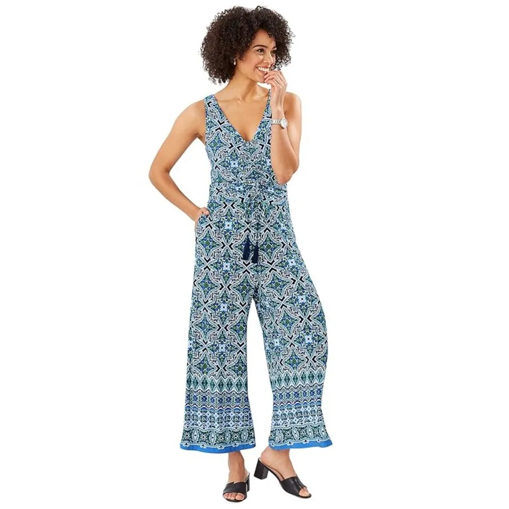 TOMMY BAHAMA Nassau Print Tassel Wide Leg Sleeveless Jumpsuit Stretch Knit XS - Image 5