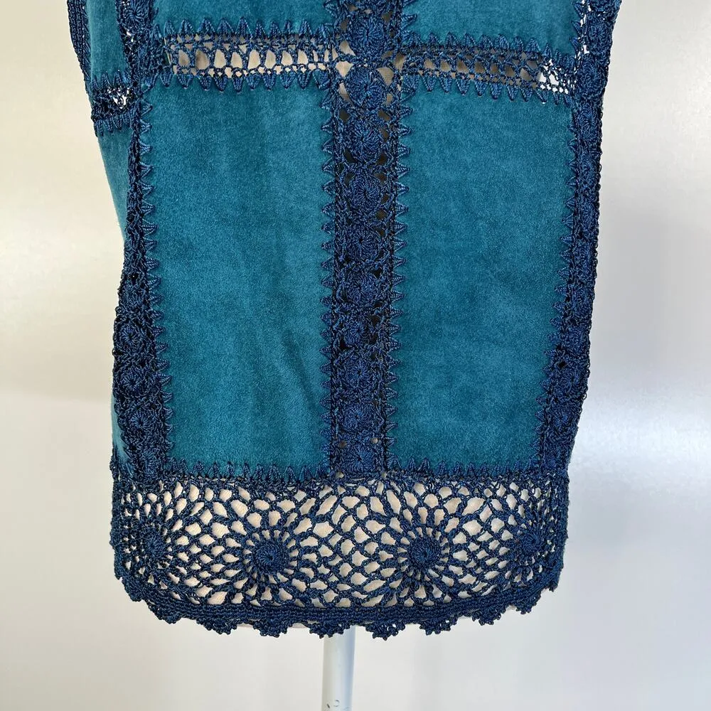 Vintage Crochet Leather Patchwork Vest Scully's Teal Waistcoat Boho Blue Size L - Image 7