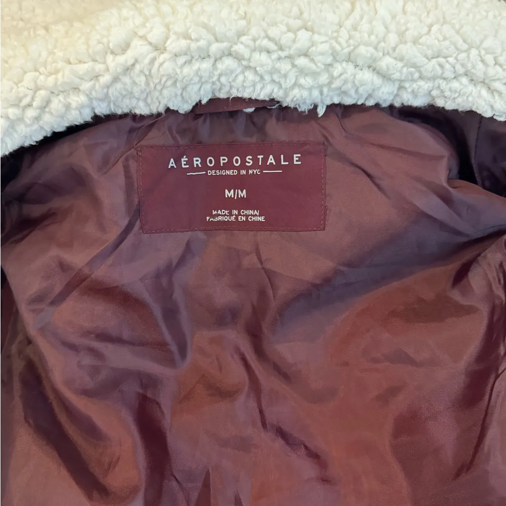 Aéropostale Sherpa Lined Y2K Puffer Vest Medium Burgundy Faux Fur Hood Winter - Image 7