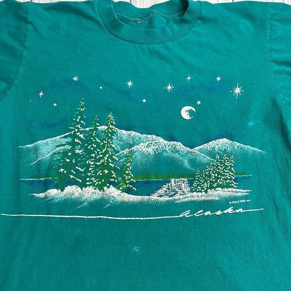 80s vintage Puff Print Alaska Tourist Tshirt Medium Blue - Image 3