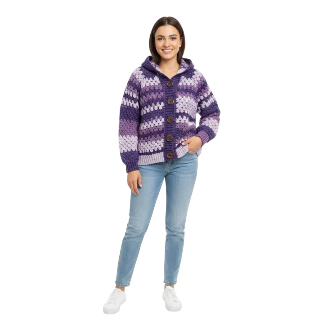 Granny Pop Purple Crochet Hand Knit Cardigan Size Large - Image 16