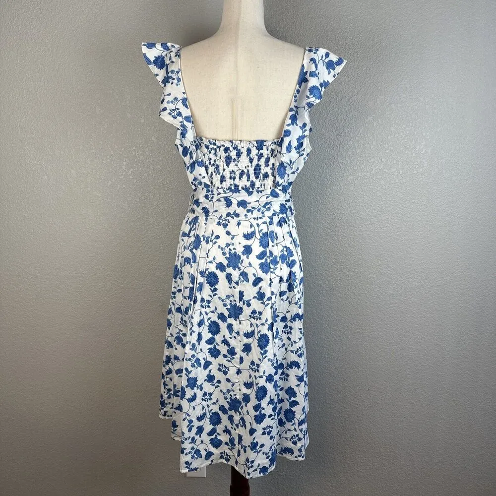 Gal Meets Glam Olivia Dress Size 14 Blue White Floral Ruffle Sleeve Pockets Belt - Image 5