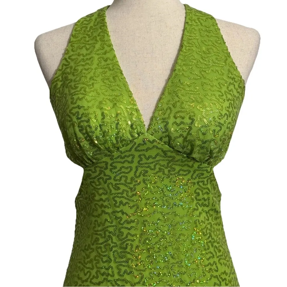 Zum Zum Green Sequin Halter Gown 1 XS XXS Prom Formal Low Open Back Mermaid Size undefined - Image 3
