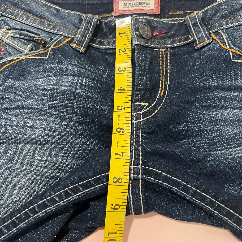 MEK‎ Jodhpur Bermuda Size 27 Stretch Dark Wash Denim Whiskered Faded Shorts Blue - Image 15