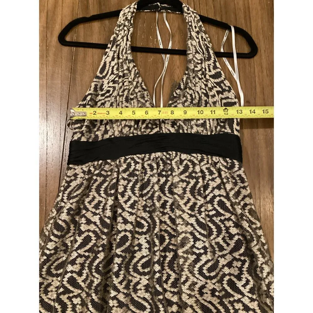 Kay Unger Halter Plunge Neck silk lace Maxi Dress gown Black gold Whimsigoth 6 - Image 5