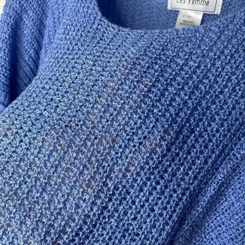 Ces Femme Open Knit Scoop Neck Dolman Sweater Patch Pocket Pullover Blue Medium - Image 5