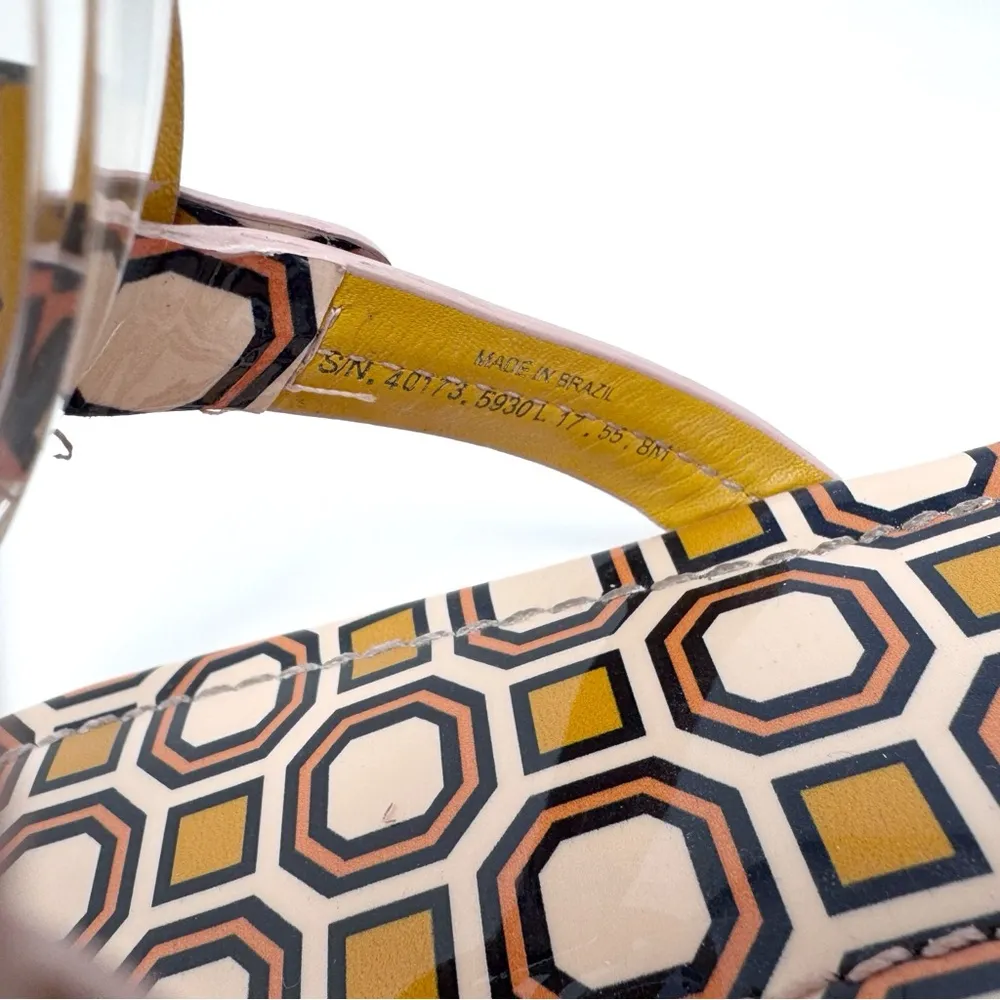 TORY BURCH Yellow Pink Geometric Print Patent Leather Miller Sandals Size 8 - Image 9