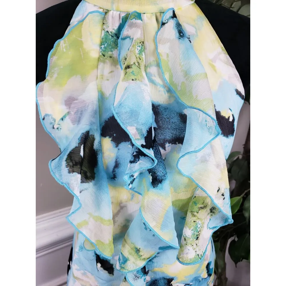 BCX Tank Top Women's Small Halter Neck Sleeveless Beautiful Ruffle Watercolor - Image 5